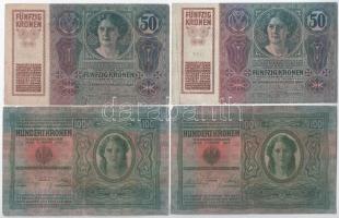 1912. 100K (2x) + 1913. 20K (3x) + 1914. 50K (2x), midegyik piros "MAGYARORSZÁG" felülbély...