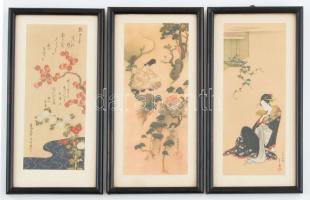 cca 1950-1990 3 db dekoratív japán kép, ofszet nyomat, papír, jelzett a nyomaton. Üvegezett fakeretben, 16x6,5 cm