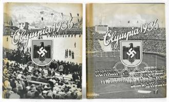 1936 Olympia 1936. Die XI. Olympischen Spiele in Berlin und Garmisch-Partenkirchen. Band I-II. Band I. Die Olympischen Winterspiele Vorschau auf Berlin. Band II. Die XI. Olympischen Spiele in Berlin 1936. Herausgegeben vom Cigaretten-Bilderdienst. Altona (Hamburg)-Bahrenfeld, 1936, Cigaretten-Bilderdienst, 127+1 p.+5 (fekete-fehér képtáblák.) t. t.+1 (kihajtható térkép) t.; 165+3 p.+8 (fekete-fehér és színesképtáblák.) t. Cigarettakép gyűjtő albumok, az összes gyűjtőképpel, német nyelven. Kiadói aranyozott egészvászon-kötés, kiadói illusztrált papír védőborítóban, az egyik papírborítón szakadással, de alapvetően jó állapotban.  Általában a papírborító hiányzik.