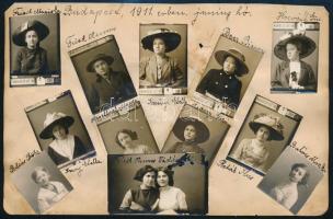 1911, fiatal lányok nevesített portréi, össz. 12 db vintage fotó, Bp., Rákóczi út 40., a felvételek az ún. Stickyback-portréfotográfiai modell szerint készültek, Olychovsky Jankely fényképész Enyves hát nevű üzletében. Fotók 3x2,5 és 3,5x6 cm közötti méretekben, mind egy 12,5x19 cm méretű papírlapra ragasztva. Fotótörténeti ritkaság, gyűjtői darab!