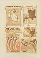 cca 1895-1910 Dekorative Vorbilder, össz. 25 db szecessziós (részben japonizáló), historizáló és egyéb ornamentikával, illusztrációval díszített nyomat. Több Georg Sturm (1855-1923) műve, egy másikon Hugo Steiner-Prag (1880-1945) szecessziós reklám tábla terveivel. Helyenként lap széle kissé sérült. Lapméret: 36x25 cm (egy db 32,5x25 cm).