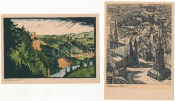 Halle an der Saale - 8 modern etching postcards + 3 modern repro leporellos