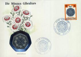 Gibraltár 1989. 50p "II. Erzsébet" bélyeges érmés borítékon, alkalmi bélyegzővel T:1 hátoldali ismertetővel