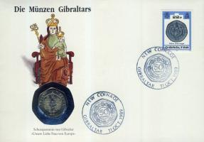Gibraltár 1990. 20p "II. Erzsébet" bélyeges érmés borítékon, alkalmi bélyegzővel T:1 hátoldali ismertetővel