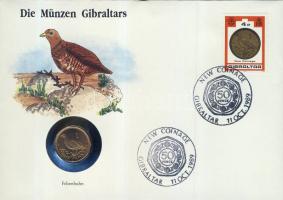 Gibraltár 1990. 1p "II. Erzsébet" bélyeges érmés borítékon, alkalmi bélyegzővel T:1 hátoldali ismertetővel