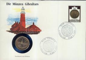 Gibraltár 1990. 2p "II. Erzsébet" bélyeges érmés borítékon, alkalmi bélyegzővel T:1 hátoldali ismertetővel