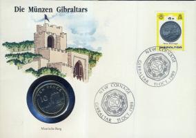 Gibraltár 1990. 10p "II. Erzsébet" bélyeges érmés borítékon, alkalmi bélyegzővel T:1 hátoldali ismertetővel