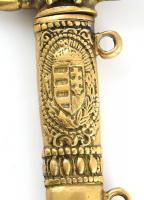 Horthy repülős tiszti tőr replika, magyar címeres beütővel a pengén. réz hüvely, kopott 36 cm