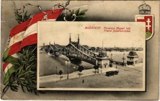 1917 Budapest, Ferenc József híd. Magyar zászlós és címeres keret (fa)