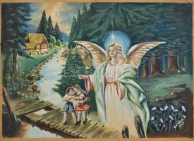 Szabó S jelzéssel. Gyerekek és az angyal, 1947. Akvarell, papír, kartonra kasírozva. 31x43 xm