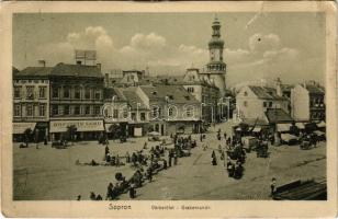 1910 Sopron, Várkerület, piac, villamos, Varga József, Kopstein Samu, Ferigo Kristóf és Raab Salamon üzlete. Piri Dániel kiadása (szakadás / tear)