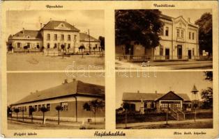 1942 Hajdúhadház, Városháza, Vasútállomás, Polgári iskola, Római katolikus templom. Kállay János kiadása (EK)