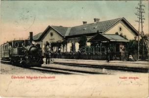 1908 Verőce, Nógrádverőce; Vasútállomás, gőzmozdony, vonat, vasutasok. Wawrik Géza kiadása (fa)