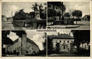 1933 Magyaróvár, Mosonmagyaróvár; Lajta híd a Nepomuki Szent János szoborral, Magyar utcai részlet, Régi akadémia, Konviktus (kopott sarok / worn corner)
