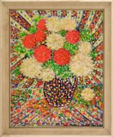 B. Hajdú László (1926-1998): Virágcsendélet. Olaj, farost, jelzett a hátoldalán a művész névjegykártyáján. Dekoratív, sérült fa keretben, 50×40 cm