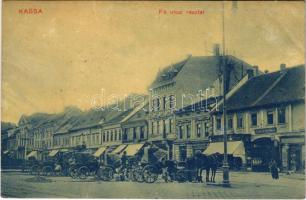 1915 Kassa, Kosice; Fő utca, Berkovits József, Weiner Izsó, Holzer Simon üzlete, Hubsch Kávéháza, lovas hintók. Marton Ilona kiadása / main street, shops, cafe, horse chariots