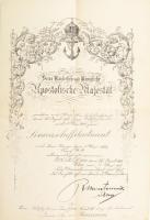 1911 Bausznern Ármin (1881-1960), a Cs. és Kir. Haditengerészet (K.u.K. Kriegsmarine) tisztjének sorhajóhadnagyi (Linienschiffsleutnant) kinevezése. [A Monarchia felbomlását követően a Dunai Flottillánál, majd a Tanácsköztársaság alatt a Vörös Hadsereg haditengerészeténél szolgált (1918-1919), ahol korvettkapitányi rangban vált ki a szolgálatból. Később a M. Kir. Folyamőrségnél teljesített szolgálatot, 1937-től a Folyamőrség parancsokhelyettese, majd parancsnoka. 1940-ben vonult nyugállományba.] Rendkívül dekoratív, német nyelvű oklevélen, szép állapotú szárazpecséttel, Rudolf von Montecuccoli (1843-1922), a Cs. és Kir. Haditengerészet főparancsnokának autográf aláírásával. 40x27 cm / Austro-Hungarian Navy (K.u.K. Kriegsmarine) lieutenants appointment, decorative certificate with dry seal, in good condition, signed by the chief of the Austro-Hungarian Navy, Rudolf Montecuccoli.