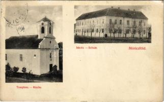 1911 Móricföld, Móriczföld, Maureni; Templom, Iskola / Kirche, Schule / church, school