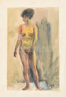 Pólya T. jelzéssel: Álló női akt. Akvarell, papír. Törésnyomokkal. Kartonra kasírozva. 40×25 cm