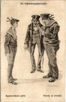 1918 Die Adjustierungspatrouille. K.u.K. Kriegsmarine Matrose / Egyenruházati járőr / Patrola za mondur / WWI Austro-Hungarian Navy mariner humour art postcard. C.F.P. Nr. 9a. s: Ed. Dworak (r)
