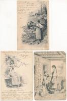7 RÉGI hosszú címzéses motívum képeslap vegyes minőségben: szerelmes párok / 7 pre-1905 motive postc...