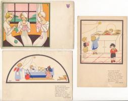 3 RÉGI grafikai motívum képeslap vegyes minőségben / 3 pre-1945 graphic art motive postcards in mixed quality (Maria Soffiantini)