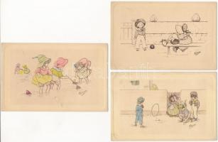 5 RÉGI grafikai gyerek motívum képeslap vegyes minőségben / 5 pre-1910 graphic art motive postcards in mixed quality: children (Fififred)