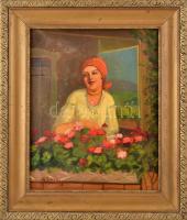 G Luca jelzéssel: Hölgy virágok közt. Olaj, vászon. Dekoratív fakeretben, 50×39 cm