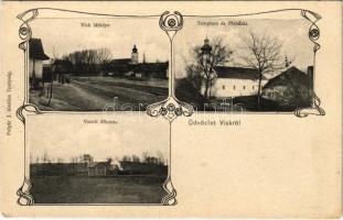 Ipolyvisk, Hontvisk, Vyskovce nad Iplom; Fő utca, templom és plébánia, vasútállomás, gőzmozdony, vonat. Polgár J. kiadása / main street, church and parish, railway station, locomotive, train. Art Nouveau (EK)