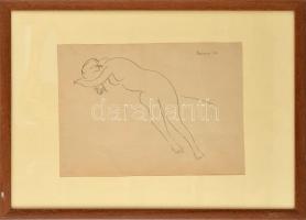 Vaszary János (1867-1939): Fekvő női akt, nyomat, papír, jelzett a nyomaton, törésnyomokkal, üvegezett fakeretben. 27,5×38 cm