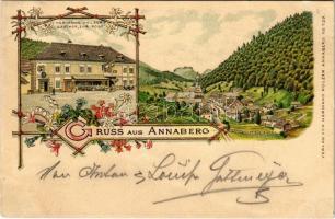 1895 (Vorläufer!!!) Annaberg (Annaberg bei Mariazell), Hermann Holzers Gasthof zur Post / inn, hotel, general view. Verlag von Hermann Holzer No. 729. Art Nouveau, floral, litho (EK)