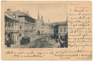 1900 Kolozsvár, Cluj; Wesselényi utca, városi vasút, kisvasút, vonat, ifj. Pere festékkereskedése, Szegedi Zoltán üzlete, bútorraktár. Vajda & Weiss / street, shops, urban railway, locomotive, train