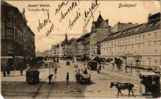1901 Budapest VIII. József körút, villamos, lóvasút, Gachwindt üzlete, Rigler József Ede reklámja a házfalon. Ganz Antal 81. (EM)