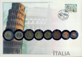 Olaszország 2002. Komplett Euro forgalmi pénz sor bélyeges érmés borítékon, elsőnapi bélyegzővel T:2 hátoldali ismertető tanúsítvánnyal