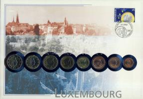 Luxemburg 2002. Komplett Euro forgalmi pénz sor bélyeges érmés borítékon, elsőnapi bélyegzővel T:2 hátoldali ismertető tanúsítvánnyal