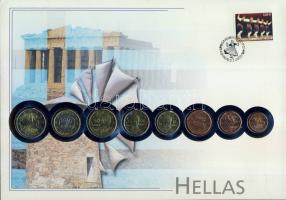 Görögország 2002. Komplett Euro forgalmi pénz sor bélyeges érmés borítékon, elsőnapi bélyegzővel T:2 hátoldali ismertető tanúsítvánnyal