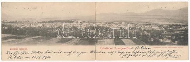 1900 Eperjes, Presov; 2-részes kihajtható panorámalap. Fénynyomat Divald műintézetéből / 2-tiled folding panoramacard (hajtásnál szakadt / torn at fold)