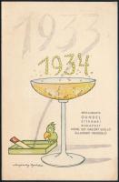 1933 A budapesti Gundel Étterem szilveszteri menüje, art deco rajzos címlappal, szign. Segesváry Izabella, szép állapotban