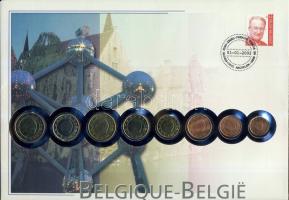 Belgium 1999-2001. Vegyes évszámú komplett Euro forgalmi pénz sor bélyeges érmés borítékon, elsőnapi bélyegzővel T:2 hátoldali ismertető tanúsítvánnyal