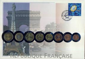 Franciaország 1999-2002. Vegyes évszámú komplett Euro forgalmi pénz sor bélyeges érmés borítékon, elsőnapi bélyegzővel T:2 hátoldali ismertető tanúsítvánnyal