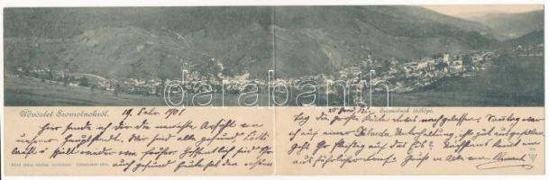 1901 Szomolnok, Schmölnitz, Smolník; látkép. Fried Miksa kiadása. 2-részes kihajtható panorámalap / 2-tiled folding panoramacard