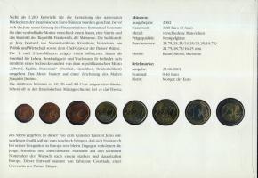 Franciaország 1999-2002. Vegyes évszámú komplett Euro forgalmi pénz sor bélyeges érmés borítékon, el...