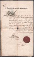 1860 Miskolc, a Miskolczi izraelita Sorczéh igazolása Fischer Bernát férfiszabó részére, a céh viaszpecsétjével, aláírásokkal, 30+6 kr okmánybélyeggel, szakadt