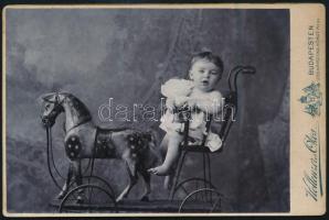 cca 1900 Kisgyermek kis lovaskocsin, keményhátú fotó Hollenzer és Okos budapesti műterméből, 10,5×16,5 cm