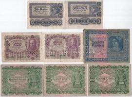 Ausztria 1922. 10K (2x) + 20K (2x) + 100K (3x) + 1000K T:III,III- Austria 1922. 10 Kronen (2x) + 20 Kronen (2x) + 100 Kronen (3x) + 1000 Kronen C:F,VG