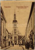 1908 Nagyszombat, Tyrnau, Trnava; Ferenc-rendiek temploma és a Színház utca, dohányáruda, Johan Zlatos üzlete / street view, church, tobacco shop (vágott / cut)