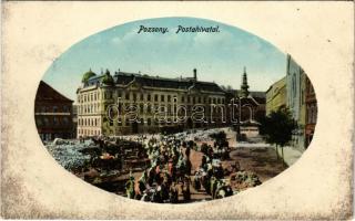 1914 Pozsony, Pressburg, Bratislava; Postahivatal, piac, villamos / post office, market, tram (EK)