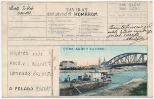 1908 Komárom, Komárno; A város látképe a kis hídról, uszály. Távirat drótüdvözlet montázs. E.D.K. Pannonia / general view, bridge, barge. Montage with telegraph message (kis szakadás / small tear)