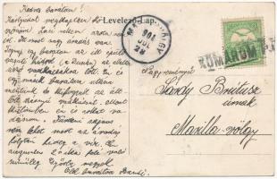 1908 Komárom, Komárno; A város látképe a kis hídról, uszály. Távirat drótüdvözlet montázs. E.D.K. &q...