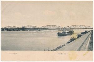 1912 Komárom, Komárno; Erzsébet híd, uszály / bridge, barge (ázott sarok / wet corner)